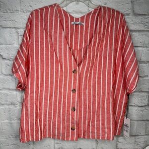 Dex White-Striped Coral Button-Front Women’s Top - No Belt - NWT - Size: L